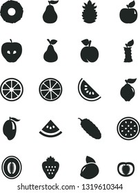 Solid Black Vector Icon Set - cucumber vector, strawberry, pear, peach, quince, apricot, tasty apple, slice of water melon, mango, half, yellow lemon, juicy, passion fruit, ripe pineapple, guava
