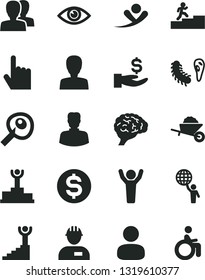 Solid Black Vector Icon Set - woman vector, women, workman, garden trolley, index finger, eye, man, dollar, get a wage, brain, bactery, artifical insimination, winner podium, carrer stairway, flying