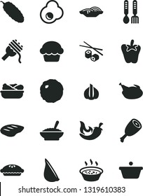 Solid Black Vector Icon Set - iron fork spoons vector, slices of onion, spaghetti, cake, pie, a bowl buckwheat porridge, in saucepan, lettuce plate, chicken, thigh, chop, cabbage, cucumber, chili