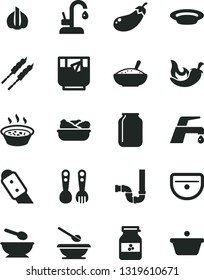 Solid Black Vector Icon Set - deep plate with a spoon vector, plates and spoons, plastic fork, sink, siphon, knife, faucet mixer, kitchen, bowl of rice porridge, in saucepan, lettuce, barbecue, pan