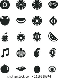 Solid Black Vector Icon Set - music vector, slices of onion, orange slice, half apricot, pomegranate, medlar, mango, melon, tangerine, cherry, passion fruit, kiwi, sour lime, guawa, piece coconut