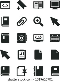 Solid Black Vector Icon Set - monitor window vector, clip, add bookmark, clean sheet of paper, zoom, book, e, notebook, address, delete page, statistical report, wall calendar, coding, cursor, file