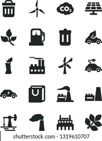 Solid Black Vector Icon Set - bag with handles vector, apple stub, solar panel, working oil derrick, leaves, gas station, windmill, wind energy, manufacture, factory, industrial building, eco car