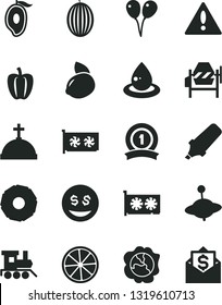 Solid Black Vector Icon Set - warning vector, baby toy train, yule, colored air balloons, concrete mixer, squash, melon, half of mango, yellow lemon, slice, pineapple, Bell pepper, drop oil
