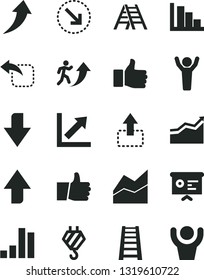 Solid Black Vector Icon Set - upward direction vector, downward, line chart, growth, positive histogram, hook, stepladder, ladder, thumb up, move, left, right bottom arrow, bar, financial report
