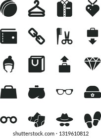 Solid Black Vector Icon Set - purse vector, spectacles, hat with glasses, bath ball, accessories for a hairstyle, Knitted Socks, winter, warm, bag handles, folded shirt, hanger, hand, diamond