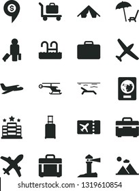 Solid Black Vector Icon Set - suitcase vector, case, coastal lighthouse, helicopter, dollar pin, plane, passenger, rolling, passport, ticket, tent, beach, arnchair under umbrella, pool, baggage