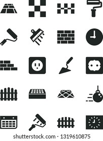 Solid Black Vector Icon Set - paint roller vector, brickwork, brick wall, big core, building trowel, new, power socket type b, f, tile, ceramic tiles, spatula, fence, hedge, paving slab, pavement