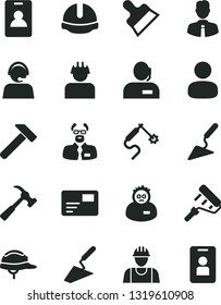 Solid Black Vector Icon Set - builder vector, trowel, building, paint roller, construction helmet, putty knife, hammer, with claw, employee, pass card, gas welding, man, dispatcher, operator, access