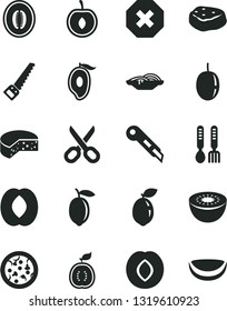 Solid Black Vector Icon Set - scissors vector, mark of injury, iron fork spoons, arm saw, stationery knife, cheese, pizza, slices onion, piece meat, plum, half mango, peach, melon, cherry, lemon