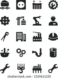 Solid Black Vector Icon Set - tower crane vector, workman, winch hook, adjustable wrench, sewerage, buildings, construction helmet, gear, battery, power socket, industrial building, enterprise