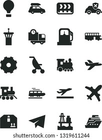 Solid Black Vector Icon Set - truck lorry vector, paper airplane, summer stroller, baby toy train, delivery, cardboard box, sea port, gas station, conveyor, autopilot, private plane, car baggage