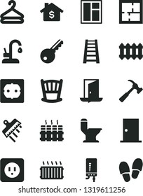 Solid Black Vector Icon Set - cradle vector, window, stepladder, comfortable toilet, laying out, power socket type b, f, ntrance door, spatula, radiator, new, kitchen faucet, electronic boiler, exit