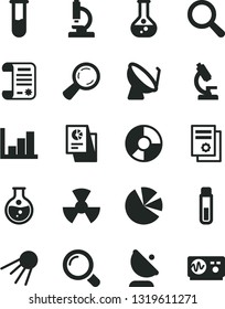 Solid Black Vector Icon Set - magnifier vector, negative histogram, artificial satellite, round flask, radiation, dish, antenna, ring diagram, pie charts, statistical research, article, test tube
