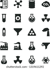 Solid Black Vector Icon Set - round flask vector, manufacture, factory, oil, barrel, industrial building, radiation, carbon dyoxide, filter, water, research article, test tube, molecule, nuclear