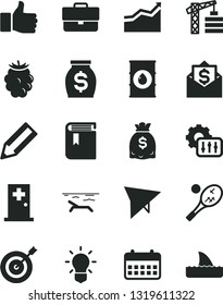 Solid Black Vector Icon Set - briefcase vector, book, tower crane, blackberry, oil, pencil, money, dollars, calendar, settings, bulb, finger up, arrow graph, target, mail, hang glider, beach, tennis