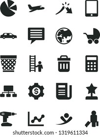 Solid Black Vector Icon Set - image of thought vector, wicker pot, graph, baby stroller, drill, planet, a crisis, scheme, pie charts, newspaper, calculator, tablet pc, trash bin, star reward, flying