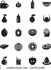 Solid Black Vector Icon Set - feeding bottle vector, measuring for, bacon, chop, fried potato slices, cup of tea, a glass soda, pear, quince, tasty apple, blueberry, water melon, delicious plum