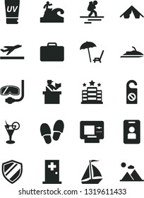 Solid Black Vector Icon Set - sail boat vector, backpacker, suitcase, passort control, departure, atm, tent, arnchair under umbrella, uv cream, cocktail, medical room, diving mask, surfing, hotel