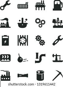 Solid Black Vector Icon Set - construction level vector, core, commercial seaport, charging battery, oil derrick, gas station, water pipes, factory, industrial building, enterprise, conveyor