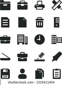 Solid Black Vector Icon Set - briefcase vector, clean sheet of paper, portfolio, buildings, city block, writing accessories, drawing, wall clock, folder, suitcase, man, text highlighter, pc tower