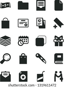 Solid Black Vector Icon Set - add bookmark vector, paper bag, folder, archive, e, stationery knife, received letter, pile, copy, magnifier, dollar, statistical research, gift, schedule clock, file