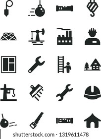 Solid Black Vector Icon Set - workman vector, hook, big core, window, arm saw, construction level, building, helmet, plummet, spatula, pavement, working oil derrick, industrial, tower crane