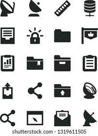 Solid Black Vector Icon Set - folder vector, archive, upload data, bookmark, received letter, big server, satellite dish, antenna, vintage sign, connection, connections, statistical report, memory