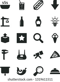 Solid Black Vector Icon Set - downward direction vector, magnifier, unpacking, piece of pizza, Hot Dog, porridge, chili, a glass soda, cone, bottle, Construction crane, calipers, light bulb, router