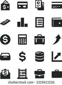 Solid Black Vector Icon Set - bank card vector, purse, calculator, bar chart, growth, new abacus, case, suitcase, drawer, reverse side of a, column coins, denomination the dollar, gold, arrow up