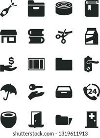 Solid Black Vector Icon Set - book vector, books, window frame, door knob, umbrella, folder, drawer, 24, package, canned goods, half of coconut, stall, get a wage, arm with key, exit, grand opening