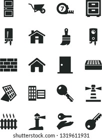 Solid Black Vector Icon Set - house vector, bedside table, brickwork, building trolley, long meashuring tape, wooden paint brush, ntrance door, interroom, city block, brick, boiler, electronic, key