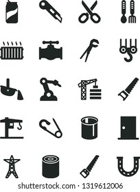 Solid Black Vector Icon Set - scissors vector, open pin, iron fork spoons, crane, tower, winch hook, adjustable wrench, hand saw, arm, ntrance door, stationery knife, tin, soda can, valve, pipes
