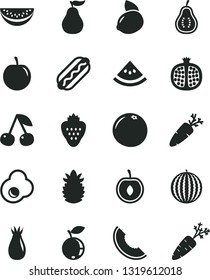 Solid Black Vector Icon Set - Hot Dog vector, carrot, fried egg, strawberry, cherry, half pomegranate, rose hip, blueberry, water melon, slice of, tasty plum, yellow lemon, ripe pineapple, guava