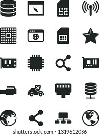 Solid Black Vector Icon Set - star vector, big data, server, autopilot, processor, SIM card, connection, connections, scheme, cpu, pc, browser, lan connector, wireless, earth