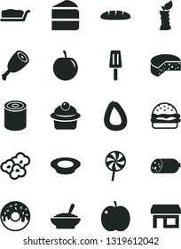 Solid Black Vector Icon Set - sausage vector, stick of, cheese, loaf, tin, burger, muffin, piece cake, slice, glazed with a hole, bowl buckwheat porridge, plate milk, chicken thigh, lollipop, apple