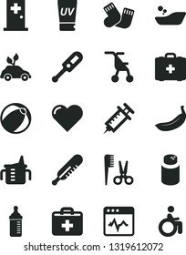 Solid Black Vector Icon Set - first aid kit vector, measuring cup for feeding, bottle, powder, sitting stroller, electronic thermometer e, mercury, baby bath ball, children's bathroom, warm socks