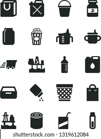 Solid Black Vector Icon Set - wicker pot vector, mug for feeding, measuring cup, bottle, baby powder, e, bucket, drawer, bag with handles, tin, of popcorn, jar jam, sea port, commercial seaport, oil