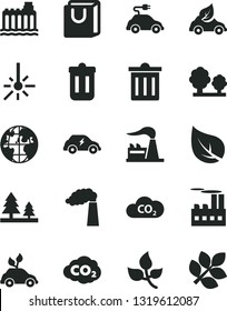 Solid Black Vector Icon Set - bin vector, bag with handles, leaves, leaf, manufacture, factory, hydroelectricity, trees, forest, industrial building, eco car, environmentally friendly transport, CO2