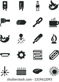 Solid Black Vector Icon Set - electronic thermometer vector e, mercury, heating coil, boiler, coffee, sausage, Hot Dog, mini, noodles, chop, chili, bottle of soda, pepper, outdoor, aluminum radiator