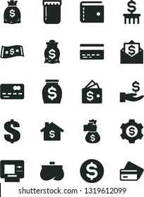 Solid Black Vector Icon Set - bank card vector, purse, dollar, jam, front of the, get a wage, money, dollars, bag hand, mortgage, column, gear, wallet, mail, atm, credit