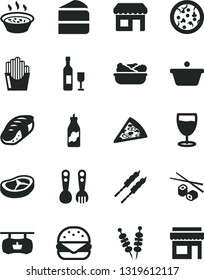 Solid Black Vector Icon Set - plastic fork spoons vector, fried vegetables on sticks, pizza, piece of, big burger, cake, porridge in a saucepan, lettuce plate, bacon, barbecue, potato slices, sushi