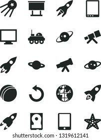 Solid Black Vector Icon Set - monitor vector, counterclockwise, bath ball, planet, billboard, rocket, tablet pc, hdd, telescope, saturn, lunar rover, first satellite, starfish