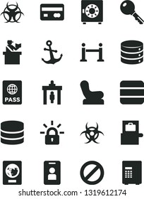 Solid Black Vector Icon Set - prohibition vector, Baby chair, key, anchor, passport, big data, strongbox, reverse side of a bank card, encrypting, biohazard, rope barrier, security gate, access