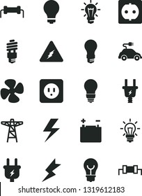 Solid Black Vector Icon Set - lightning vector, matte light bulb, power socket type b, fan screw, accumulator, pole, plug, electric, energy saving, car, electricity, resistor