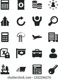 Solid Black Vector Icon Set - clockwise vector, suitcase, buildings, sea port, oil, vintage sign, man, coins, urgent cargo, calculator, engineer, encrypting, zoom, growth arrows, hands up, plane