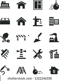 Solid Black Vector Icon Set - tower crane vector, house, big core, building trowel, concrete mixer, window, small tools, ladder, city block, spatula, road fence, home, factory, hydroelectric station