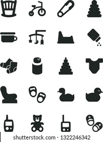 Solid Black Vector Icon Set - cradle vector, toys over the, powder, baby, Child T shirt, chair, safety pin, rubber duck, duckling, stacking rings, toy, Knitted Socks, phone, mobile, children's potty