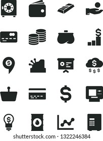 Solid Black Vector Icon Set - bank card vector, graph, strongbox, coins, oil, shopping basket, front of the, denomination dollar, catch a coin, wallet, purse, cashbox, financial report, gold bar