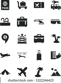 Solid Black Vector Icon Set - suitcase vector, case, passport, helicopter, dollar pin, plane, bus, rolling, ticket, hotel, tent, beach, palm tree, pool, baggage, transfer, mountains